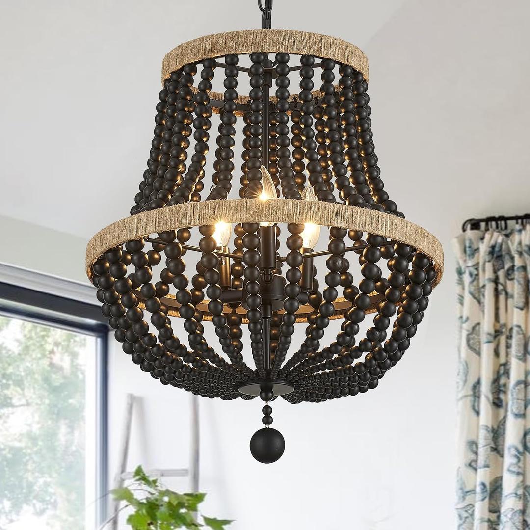 3-Light Boho Chandelier Farmhouse, Wood Bead Pendant Light, Black Rustic Hanging Light Fixture for Kitchen Entryway Bedroom Nursery Dining Room Foyer