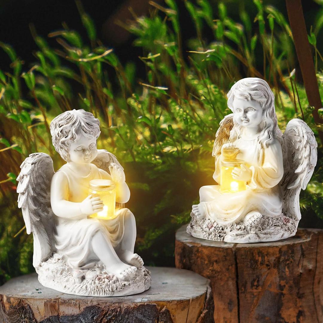 2 Pack Outdoor Angel Statue Garden Decor, Classic Solar Angel Figurine Decoration for Yard Art Indoor Porch Home Lawn Outside Light up Cherub Sculpture Guardian Wings Angel Memorial Gifts Christmas, 5.79 inches