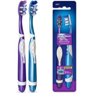BrightWorks Sonic Battery Powered Toothbrush (2-Pack) (Blue/Purple) Soft Multi-Level Bristles for Whole Mouth, Vibrating Bristles Deep Clean, with Whitening Pads and Tongue Cleaner.