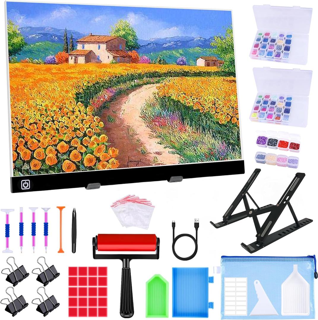 A3 LED Light Pad for Diamond Painting, Ratukall Diamond Art Light Board Kit, Adjustable Brightness Light Box for Tracing with Diamond Painting Accessories and Tools Includes Storage Case, Pens, Stand