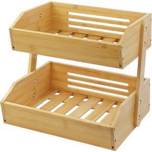 Fruit Basket Stand, 2 Tier Fruit Basket for Kitchen Counter, Produce Basket for Fruit and Vegetable Storage, Bamboo Basket Fruit Bowl Display Rack, Fruit Holder Snack Organizer, Natural