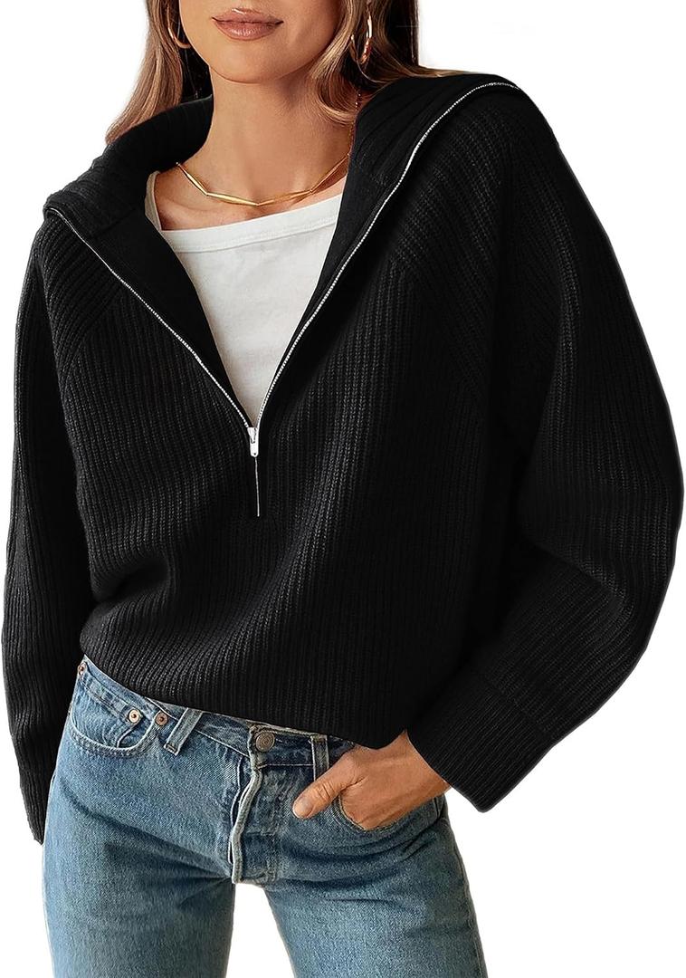 BTFBM Womens Sweaters Quarter Zip Pullover V Neck Collar Long Sleeve Ribbed Knit Loose Casual 2026 Winter Fall Sweater(Black, Small)