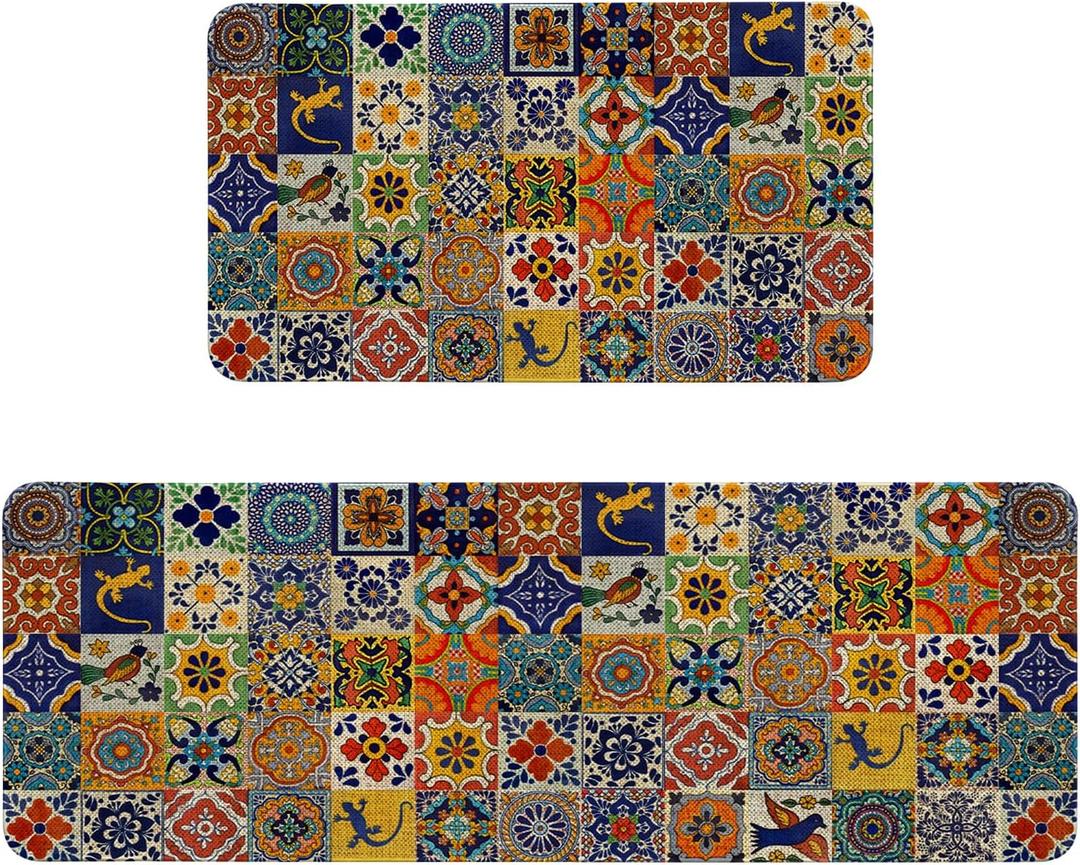 Mexican Talavera Kitchen Rugs Sets of 2 Non Slip Washable, Mexican Tile Kitchen Mats for Floor 2 Piece Home Decor