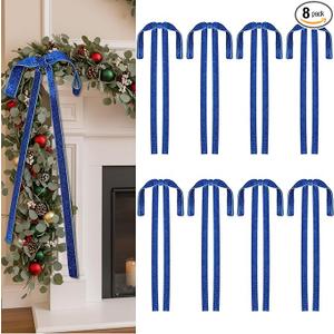 Zhengmy 8 Pcs Long Glitter Velvet Bow Christmas Ornament, 12 x 20 Inch Sparkly Twist Tie Bow Large Cabinet Ribbon Decoration for Xmas Tree Topper Garland Wreath Gift Wrapping Craft Holiday (Navy Blue)