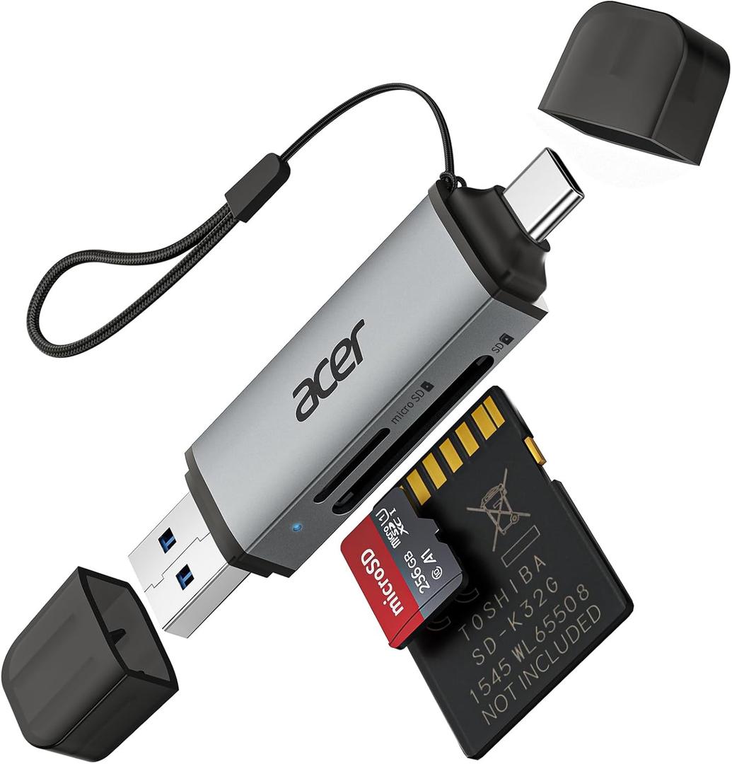 acer SD Card Reader USB C, Dual Slots USB 3.0 Type C to Micro SD Card Adapter, Memory Card Reader for MicroSD, SDHC, SDXC, Compatible with Laptop, PC, iPhone16/15, MacBook Pro/Air, iPad Pro, Android (Grey)