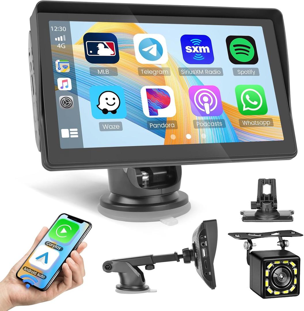 Backup Camera Carplay Screen for Car Truck,7" HD Portable Car Stereo with Wireless Android Auto Screen,Touchscreen Car Play Dash Cam,Audio Receivers USB,Voice Control,Bluetooth 5.1,GPS Navigation