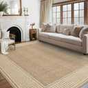 GarveeHome Area Rug 10x13 Modern Bordered Large Living Room Area Rug Washable Bedroom Throw Carpet with Rubber Backing Low Pile Stain Resistant Contemporary Rug for Dining Room Home Office, Khaki