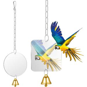 Bird Mirror with Bell : 2Pcs Acrylic Hanging Parakeet Mirror for Cage - Square and Round Shaped Interactive Parrot Toy