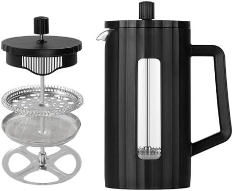The JZE French Press, Borosilicate Glass French Press Coffee Maker, 3 Layer Stainless Steel Tea Press, 34oz Large French Press, Suitable For Home, Office, Kitchen, Travel, Fashion Black