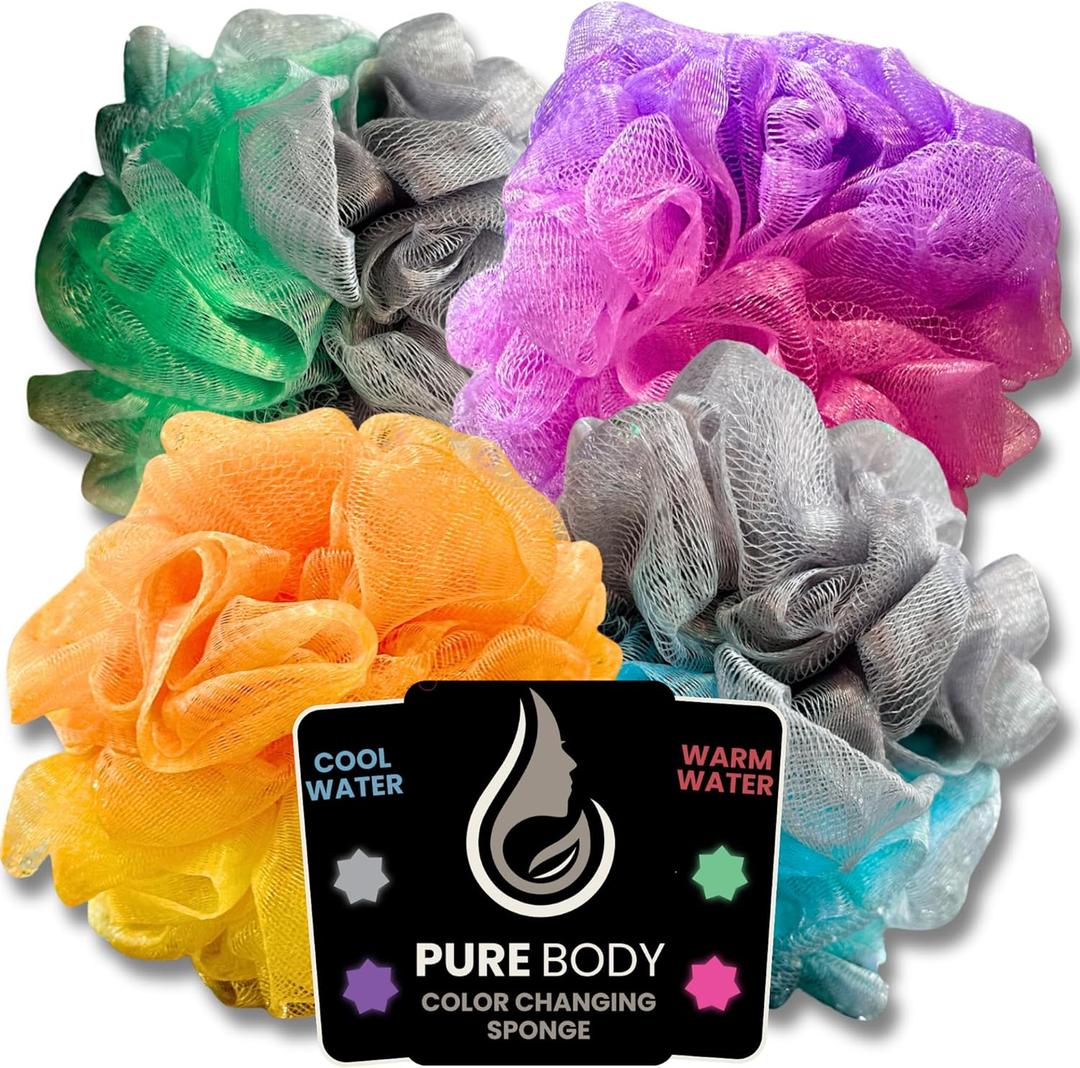 Color-Changing Bath Sponges Set - Multi-Color Body Loofahs for Shower & Exfoliating, Soft and Durable Shower Sponges with Hanging Lanyard