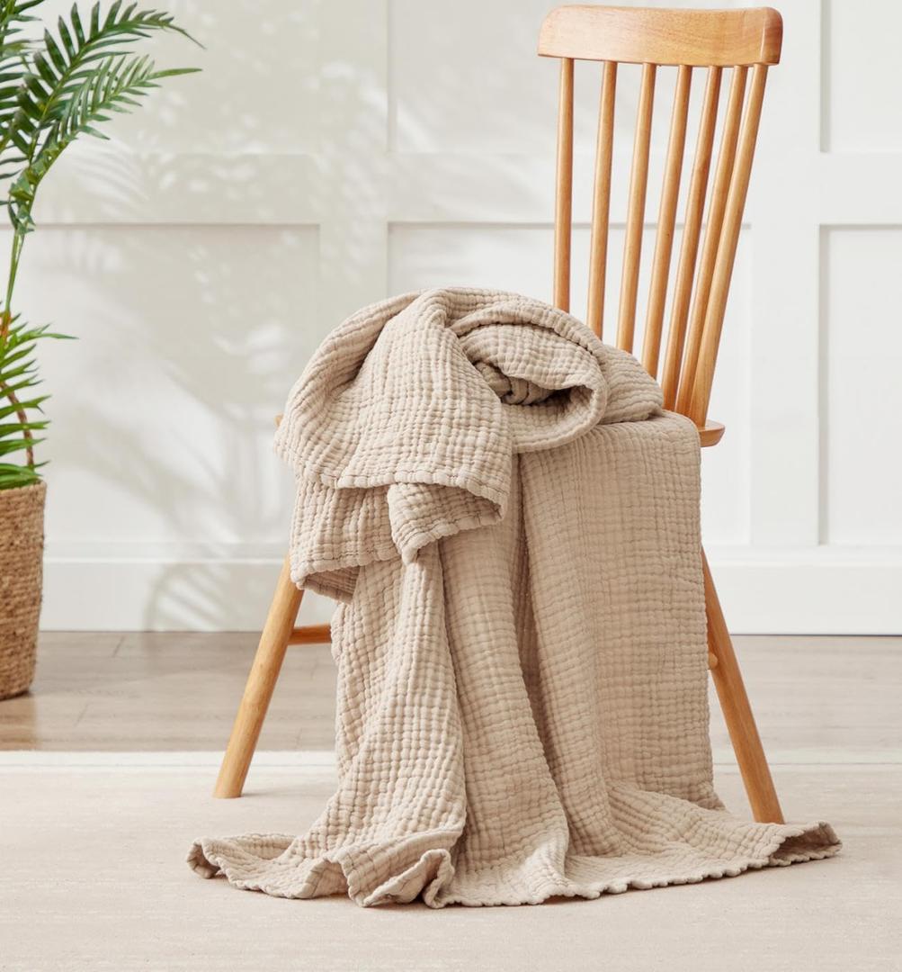 6 Layers Cotton Muslin Blankets Large, Lightweight Cotton Throw, Cooling Soft Throw Blanket for Year-Round Comfort, Breathable Quilt Bedspread, Gauze Weave Bedding for Adults, Oatmeal, Beige Linen (Throw XL(50" x 69.5"))