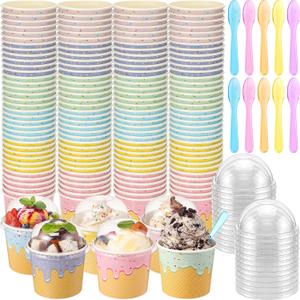 120 Set 4oz Ice Cream Paper Cups with Lids and Spoons, Disposable Sundae Bowls, Dessert Cups for Birthday Party Supplies, Paper Ice Cream Bowls Bulk for Yogurt, Snacks