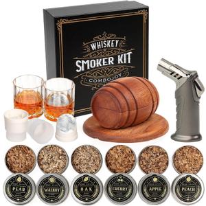 Whiskey Smoker Kit with Torch - 6 Flavors Wood Chips, 2 Glasses, 2 Ice Ball Molds - Cocktail Smoker Infuser Kit, Old Fashioned Drink Smoker Kit, Birthday Bourbon Whiskey Gifts for Men,Dad (NO Butane)