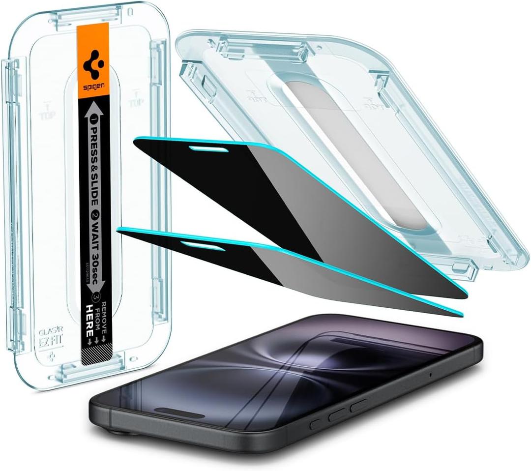 Spigen Tempered Glass Screen Protector [GlasTR EZ FIT - Privacy] Designed for iPhone 16 / iPhone 15 [2Pack]