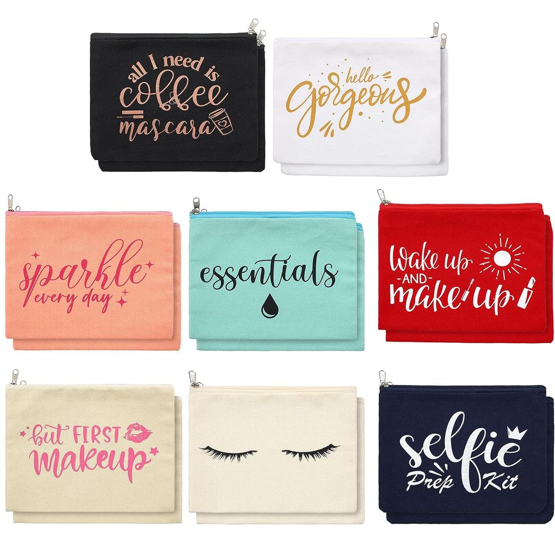 Weewooday 16 Packs Make up Bags Bulk Multicolor Funny Canvas Makeup Bags Travel Cosmetic Inspirational Pouch with Zippers Cotton Toiletry Pouches for Women(Glitter Pattern)
