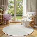 jinchan Solid Plush Round Rug 5ft Performance Shaggy Circle Rug 5' Round Washable Indoor Soft Modern Faux Wool Non Slip Carpet for Living Room Kids Room Bedroom Dining Room Ivory
