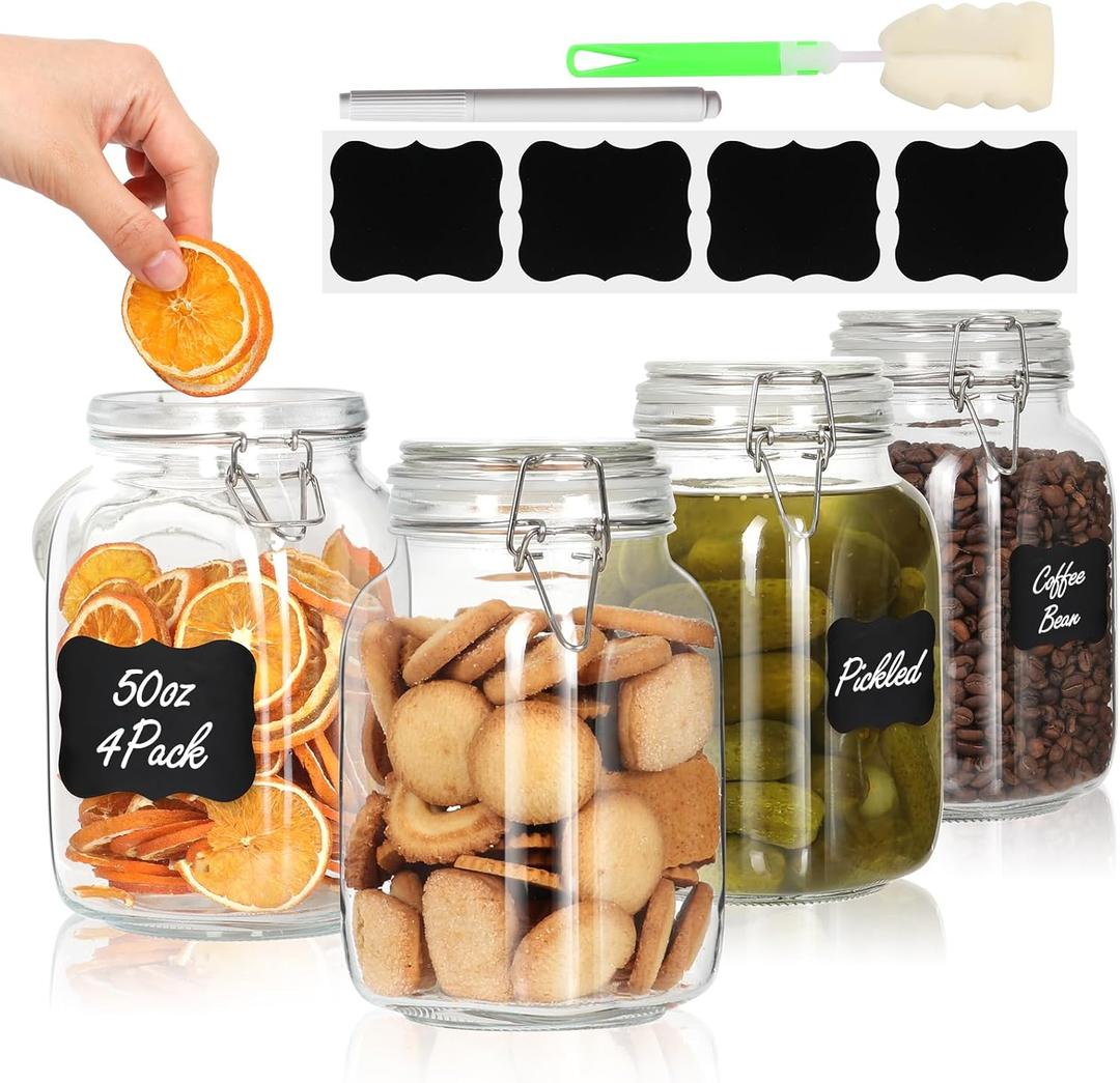 AuroTrends Glass Jars with Airtight Lid 50oz 4Pack, 1500ml Glass Canisters with Airtight Lids- Mason Jar with Clamp Lid for Pantry Storage (50 fl.oz, Set of 4)