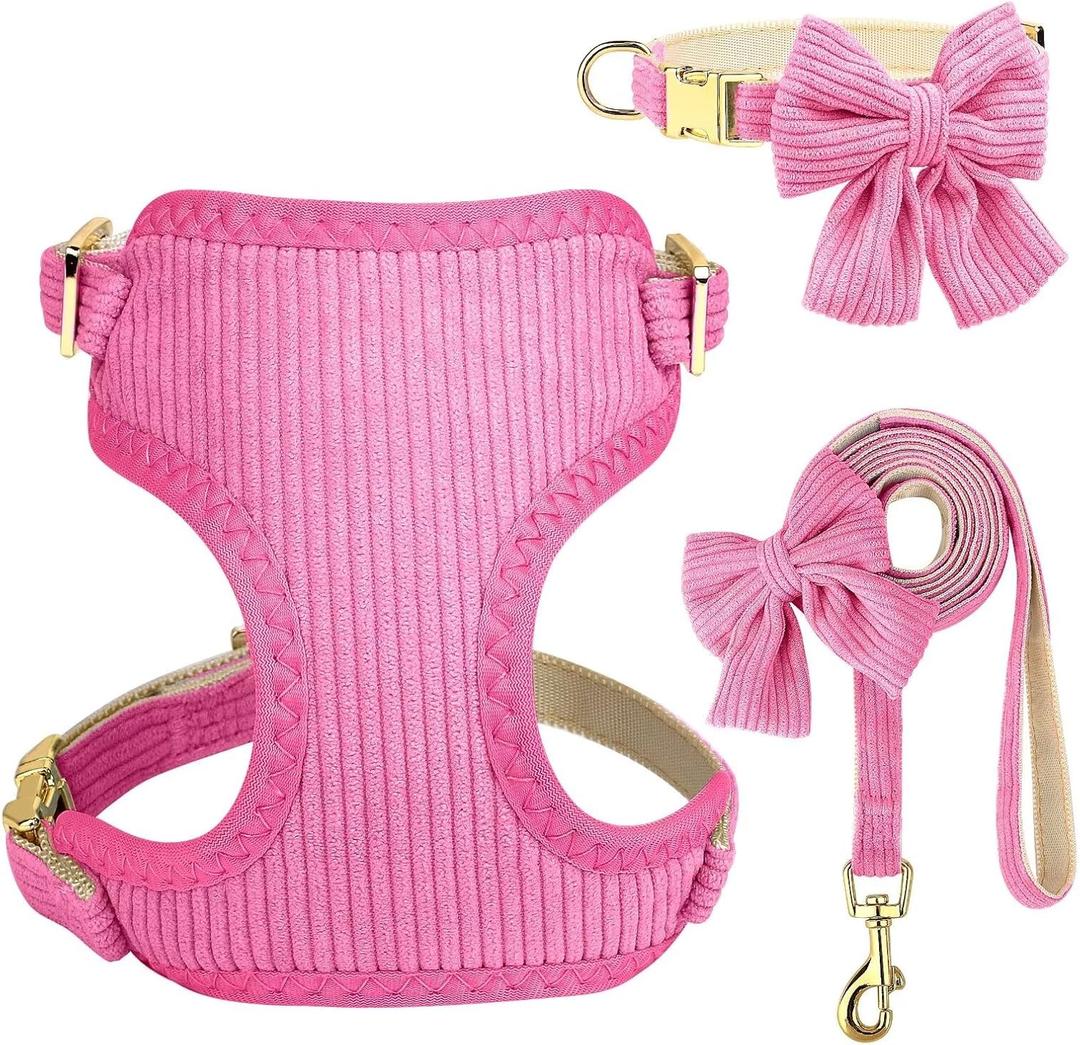 Didog Cute Small Dog Harness Collar and Leash Set with Bowtie, Breathable Soft Mesh Padded Puppy Harness, Dog Harness for Small Dogs Daily Walks Parties, Holiday Gatherings & Gifts, Hot Pink, S (S: Chest 13-16", Fit 5-11 lbs)
