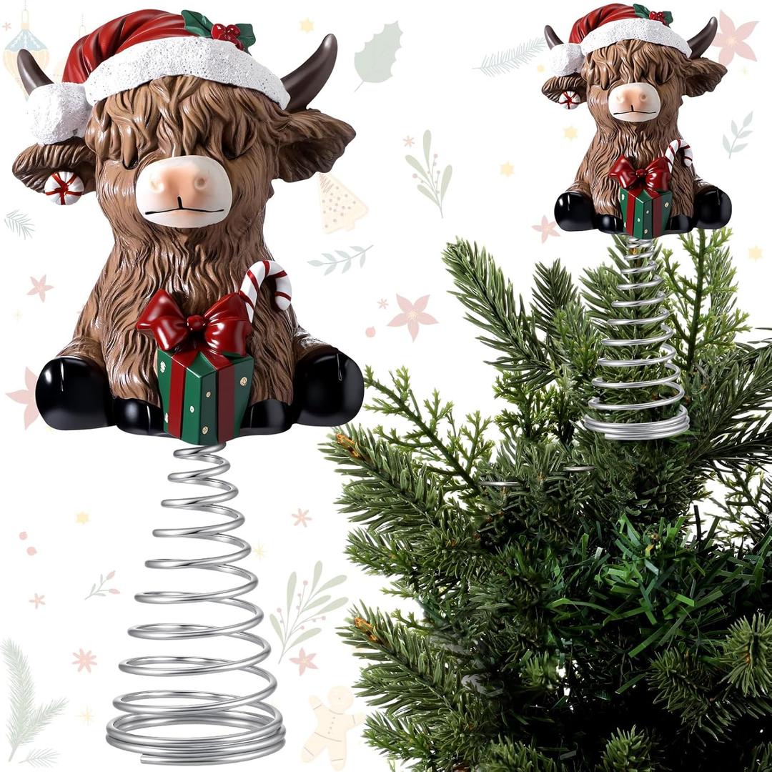 Gejoy Christmas Highland Cow Miniature Tree Topper Ornaments 5.1 Inches Mini Resin Cattle Tree Top Decorations for Rustic Home Farmhouse Holiday Accents Party Decor, Thanksgiving Xmas Gift Ideals
