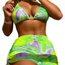 RoseSeek Women's 4 Piece Polka Dots Swimsuits Triangle Bathing Suit Bikini Sets Cover Up Skirt Bandana (L)