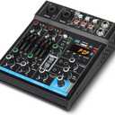 Depusheng M4 Portable Mini Mixer 4-Channel Audio Mixer DJ Console with Sound Card, Bluetooth Function, USB, 48V Phantom Power for PC Recording Webcast Party