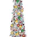 MACTING Whimsical Christmas Tree with Ball String Lights 5FT Pop Up Curved Tree with 15 Ball Lights & Hanging Ornaments Collapsible Tinsel Tree for Apartment Porch Indoor Outdoor Xmas Decor,Silver
