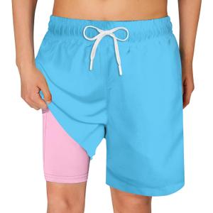 Cozople Boys Swim Trunks Quick Dry Compression Liner Swim Shorts Summer Bathing Suit with Inner Pocket Swimwear  (18 Years, Blue-pink)