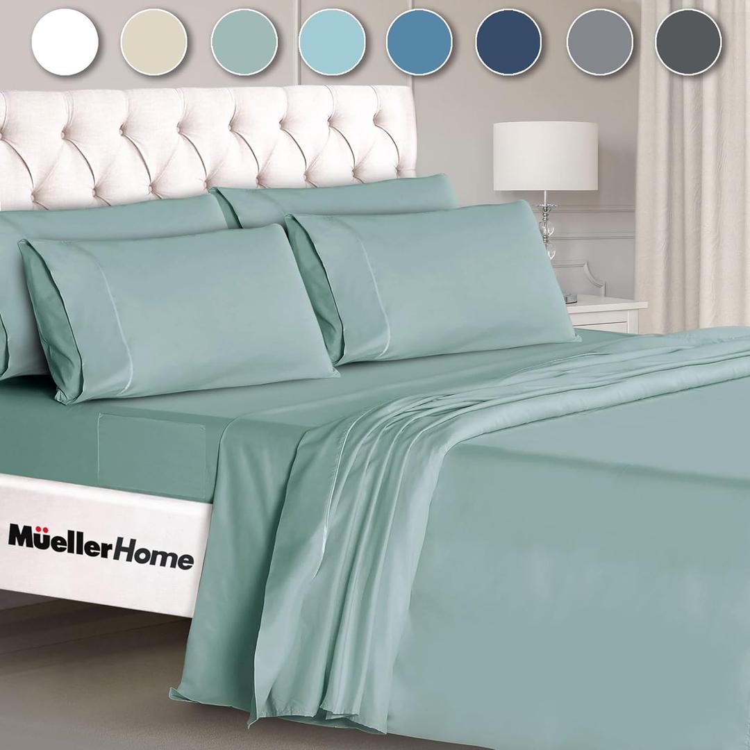 Mueller Luxury 6 PC Full Size Bed Sheets, Super Soft 1800, Deep Pocket up to 16" Full Size Sheets, Transfers Heat, Breathes Better, Hypoallergenic, Wrinkle-Resistant, Oeko-TEX, Light Teal (Full, Light Teal)