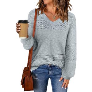 MixShe Womens Knit Sweaters 2025 Fall V Neck Long Sleeve Pullover Casual Loose Tops (Large, Grey)