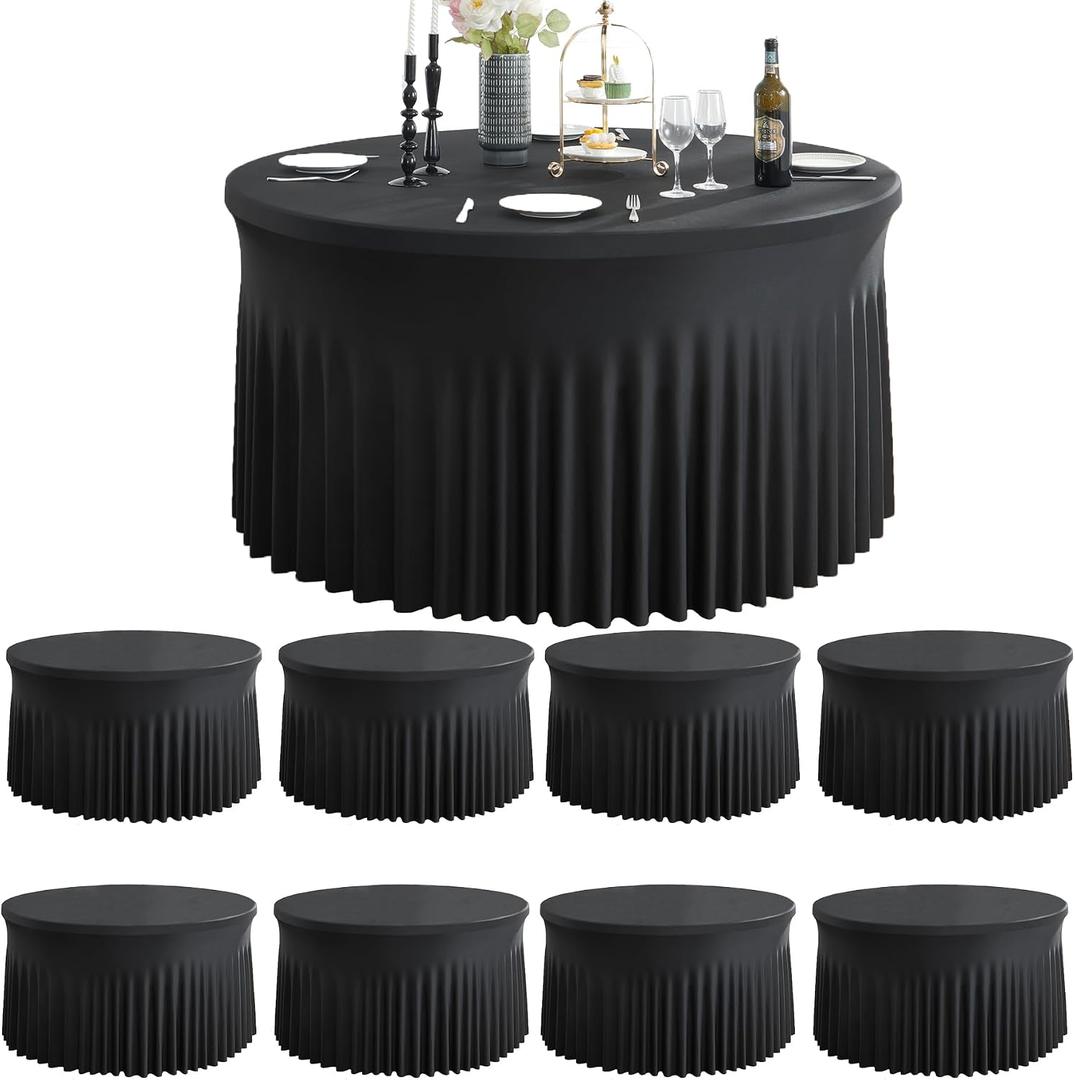 8 Pack Spandex Black Round Tablecloths for 72inch Table, Wrinkle Free 132inch Stretchy Fitted 6ft Round Table Cloth Covers with Skirt for Wedding Birthday Graduation Parties Banquet Events