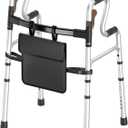 HOMLAND Folding Walkers for Seniors, Self-Standing Lightweight Aluminum Frame Standard Walker with Storage Bag, Height Adjustable, 350 lbs Capacity, No Wheels, Silver