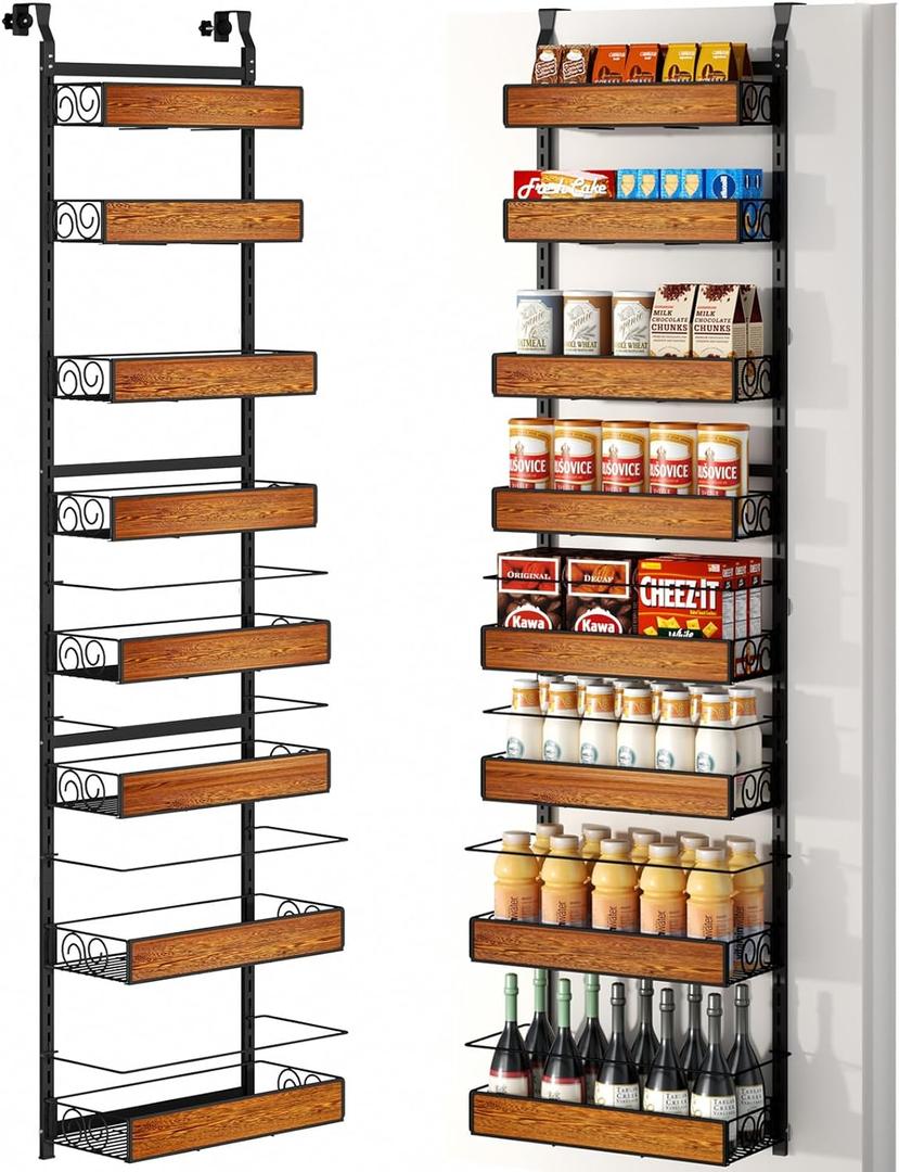 Over the Door Pantry Organizer, 8-Tier Metal Hanging Spice Rack with Adjustable Basket for Kitchen Storage