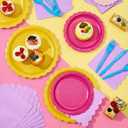 Yungyan 144 Pcs Pastel Scalloped Paper Plates and Napkins Fancy Pink Yellow Purple Colorful Princess Tableware Set Serve 24 Party Supplies Plastic Cutlery for Dollhouse Birthday Spring Unicorn Party