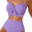 Herseas Women's Seashell Textured Bikini Sets Knotted Front 2 Piece Swimsuits Ruffle Trim Bathing Suits (Large, Purple)