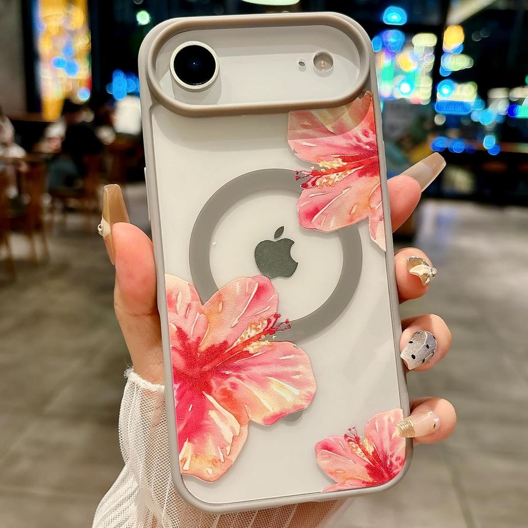 Magnetic for iPhone 17 Air Case [Compatible with MagSafe] Cute Trendy Hibiscus Flower Pattern Design for Summer Hawaiian, Translucent Shockproof Protective Case for Girls Women-Gray