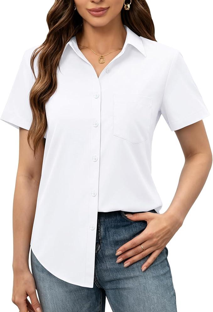 siliteelon Women Button Down Shirt Stain Resistant Cotton Button Short Sleeve Shirts with Pocket Wrinkle Free fit Business Work White, Medium