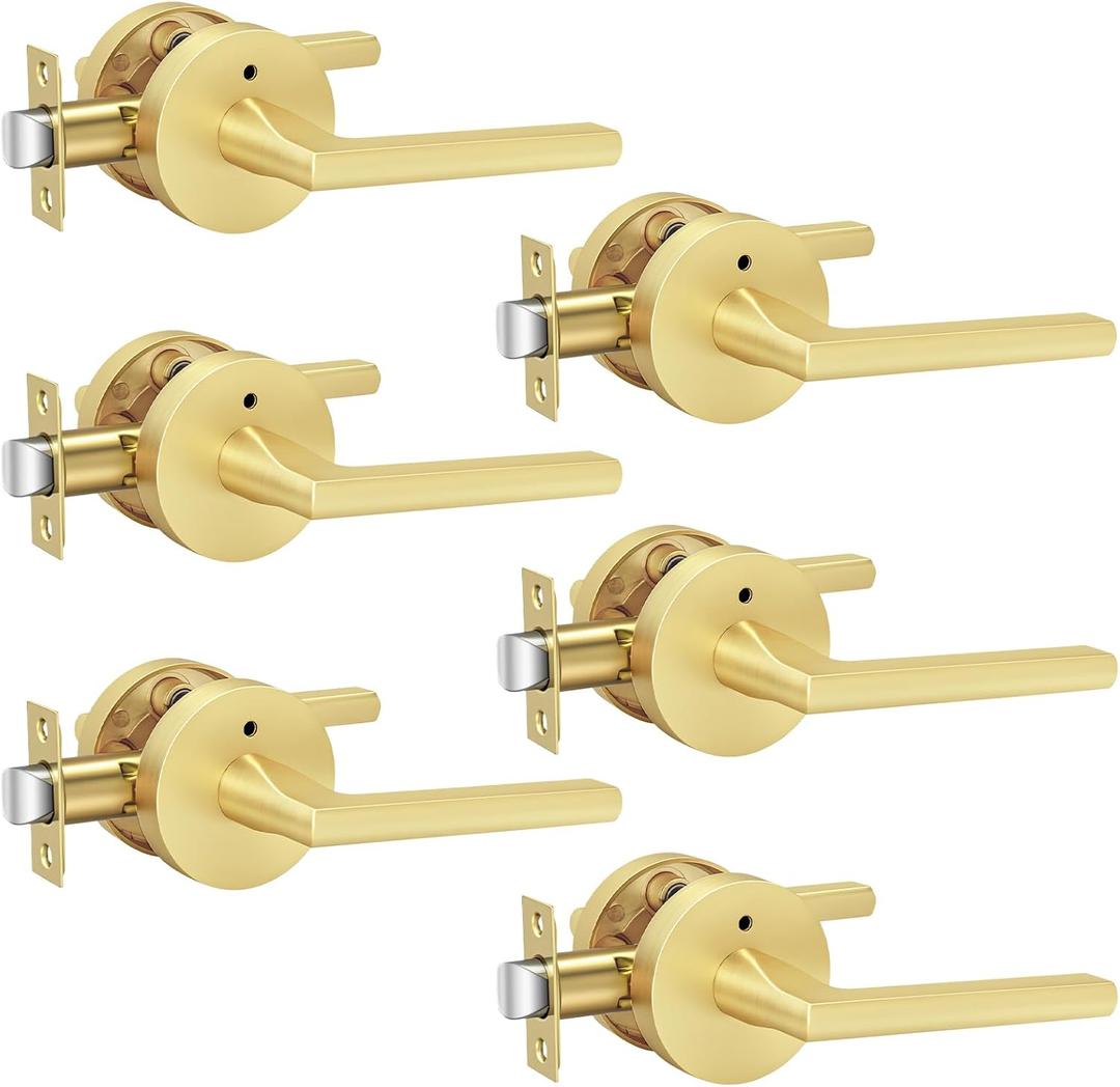 Goldenwarm Gold Door Handles, Privacy Brushed Gold Door Handle, Heavy Duty Zinc Alloy Interior Door Levers, Brushed Brass Door Lever Indoor for Bedroom, Bathroom, (6 Pack)