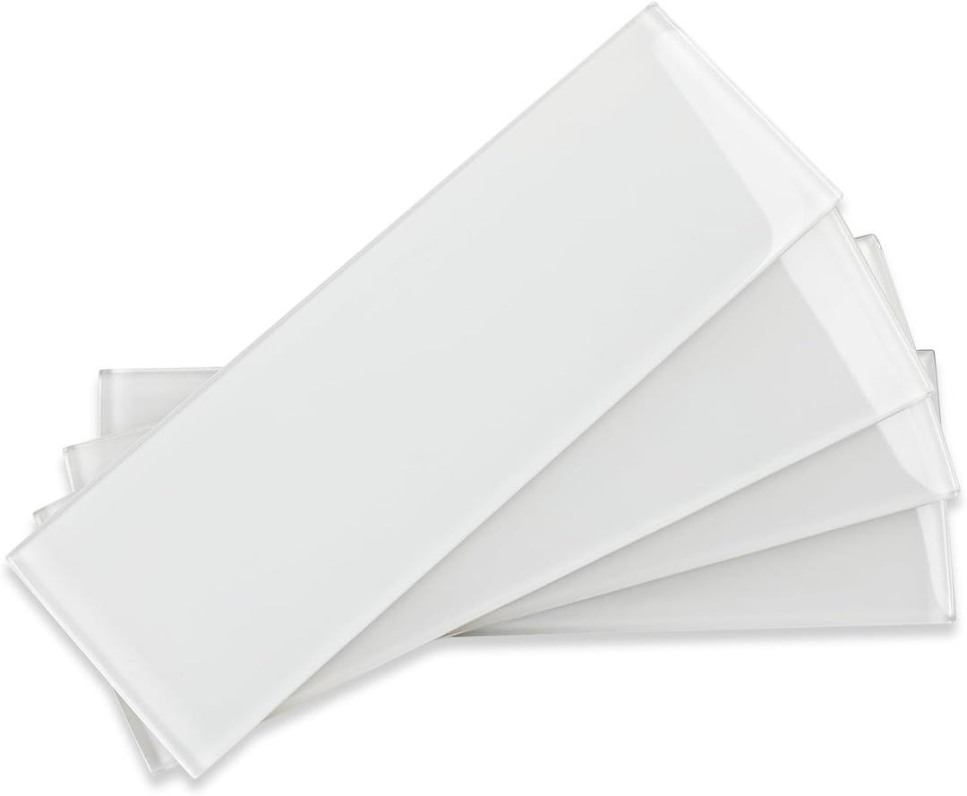 Glass Subway Tile, 4x12 Inch Glass Tile for Kitchen Backsplash Bathroom Shower Wall White (12 Pcs, 4 sq.ft)