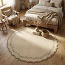 GarveeHome Round Area Rugs 6ft for Bedroom, Solid Jute Washable Circle Rug Soft Non Slip Floral Print Floor Mat Tan Leaves Carpet Indoor Thin Rug for Living Room Dining Room Playroom Nursery
