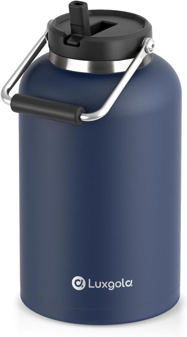 128 oz Insulated Water Jug with Straw Lid and Handle, One Gallon Stainless Steel Double Vacuum Water Bottle for Hot & Cold Drinks - Sweat Proof, Great for Travel, Hiking, Camping - Dark Blue