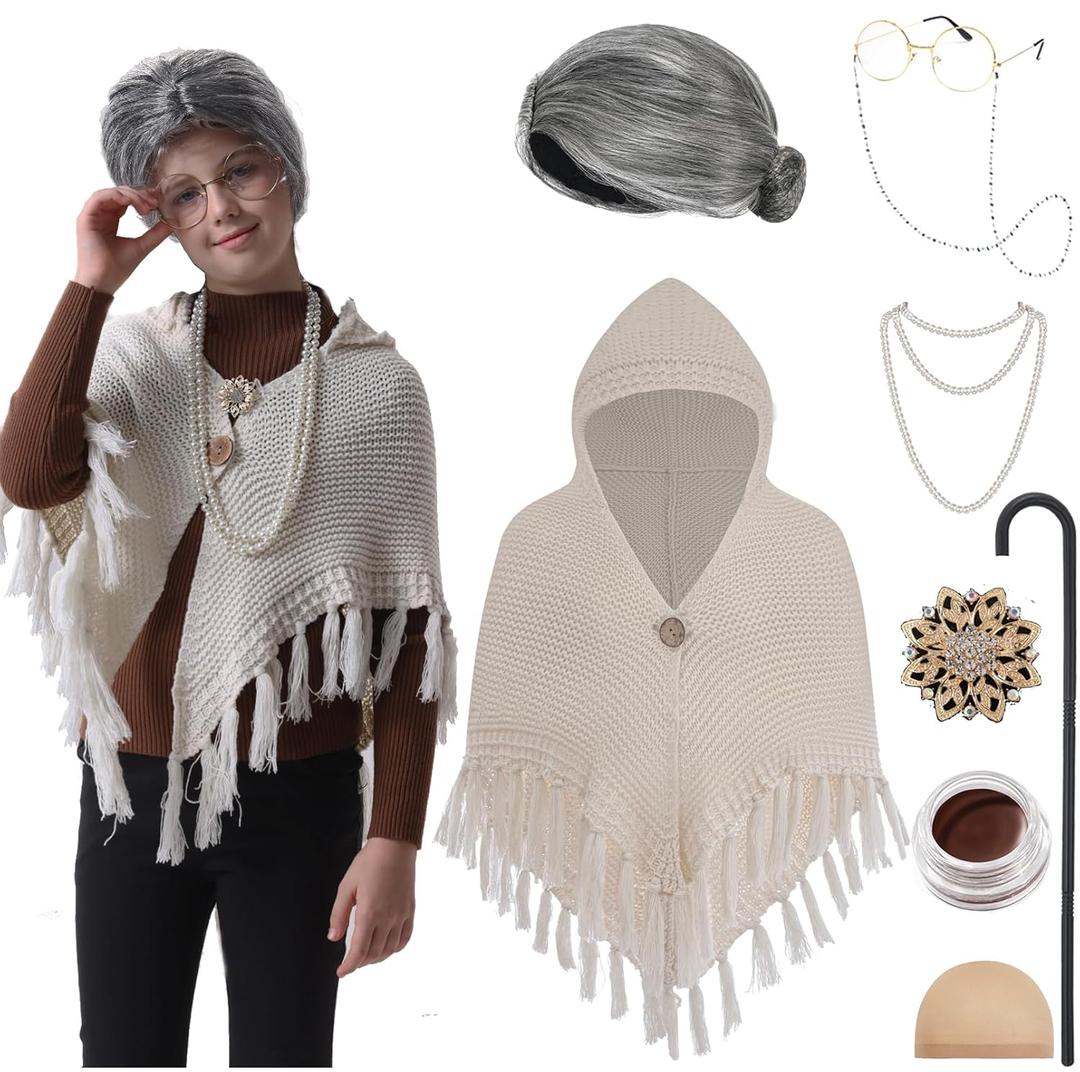 EBYTOP Old Lady Costume for Kids 100 Days of School Costume for Girls 100th Day Grandma Dress Up,Set2