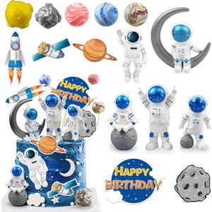 Astronaut Figurines Space Cake Toppers Astronaut Planet Rocket Satellite and Star Space DIY Cake Toppers for Space Theme Party Birthday Party Baby Shower Supplies (Blue)