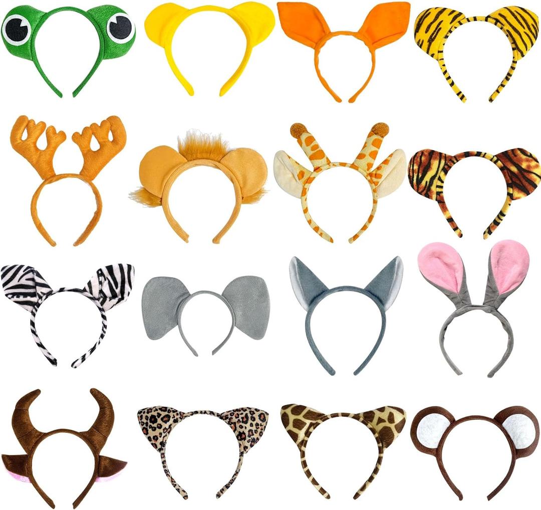 16Pcs Jungle Animal Ears Headbands as Safari Party Favors Wild One Birthday Decorations Plush Animal Headpiece for Kids Adults