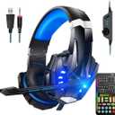 sktome Gaming Voice Changer Headset with Mic, Cool LED Light Over-Ear Headphones with Volume Control, Noise Reduction Voice Changer Gaming Headset for PS4/PS5/Xbox One/PC/Phone/Laptops(Blue)