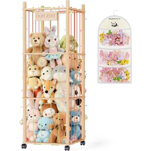 Stuffed Animal Storage & Organizer - Wooden Stuffed Animal Holder - 53.6" Stuffed Animal Zoo with Thicker Bands - Large Capacity Stuffy Storage for Playroom/Living Room/Nursery Room/Bedroom (Beige)