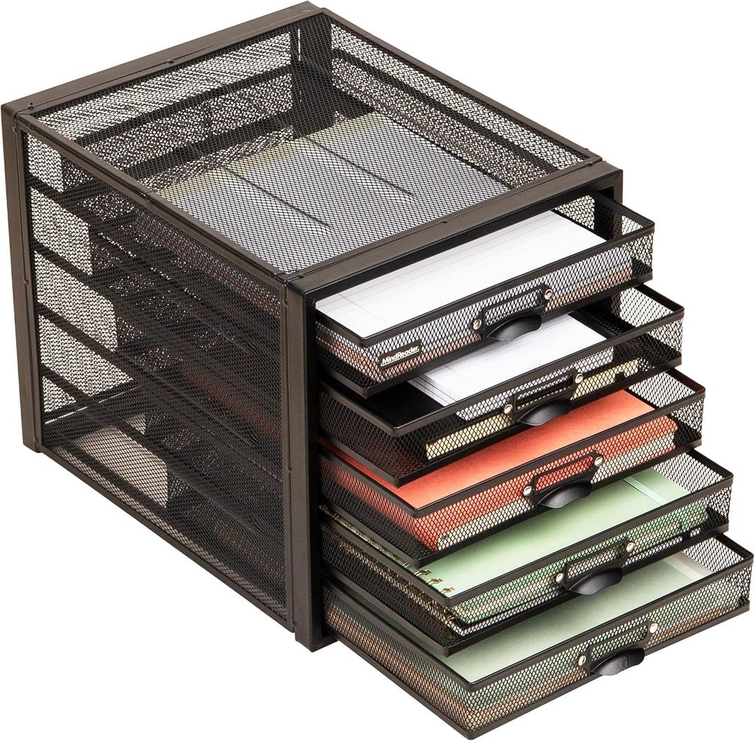 Mind Reader File Storage Drawers, Desk Organizer, Multi-Purpose, Crafts, Office, Metal Mesh, 11"L x 14"W x 11"H, Black, 5 Drawer