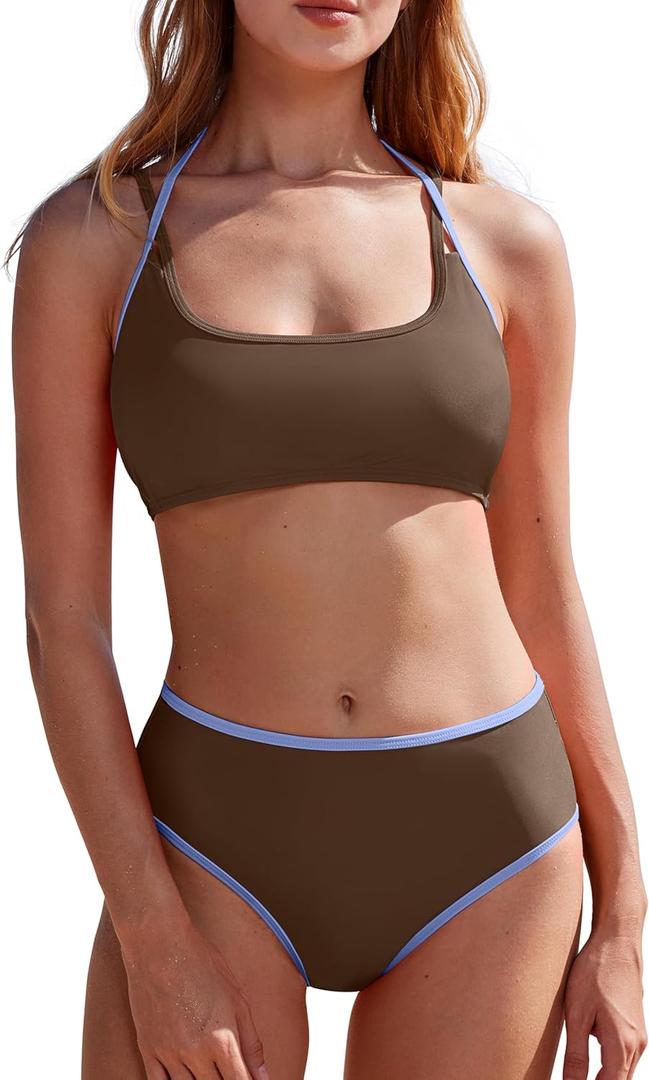 MOOSLOVER Women Sporty Two Piece Swimsuits High Waisted Bikini Sets Color Block Bathing Suit (X-Large, Coffee)