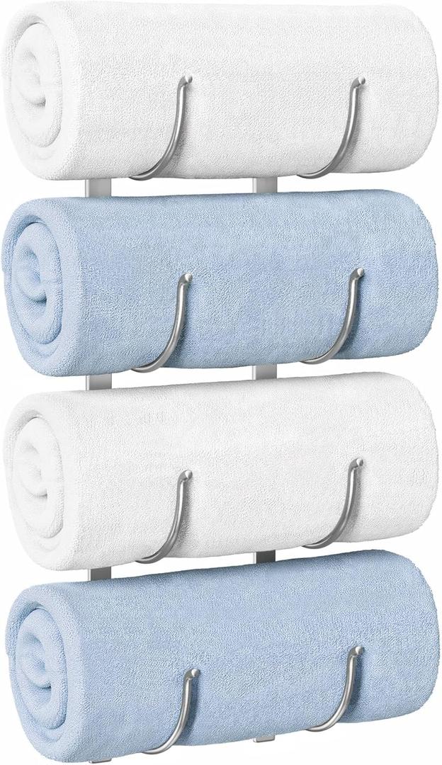 Bathroom Rolled Towel Rack: 4-Tier Wall Mounted Towel Storage Holder, Hanging Organizer for Towels, Blankets, Large Bath Sheets, Space Saving in RV, Closet, Toilet, Cabinet, Silver
