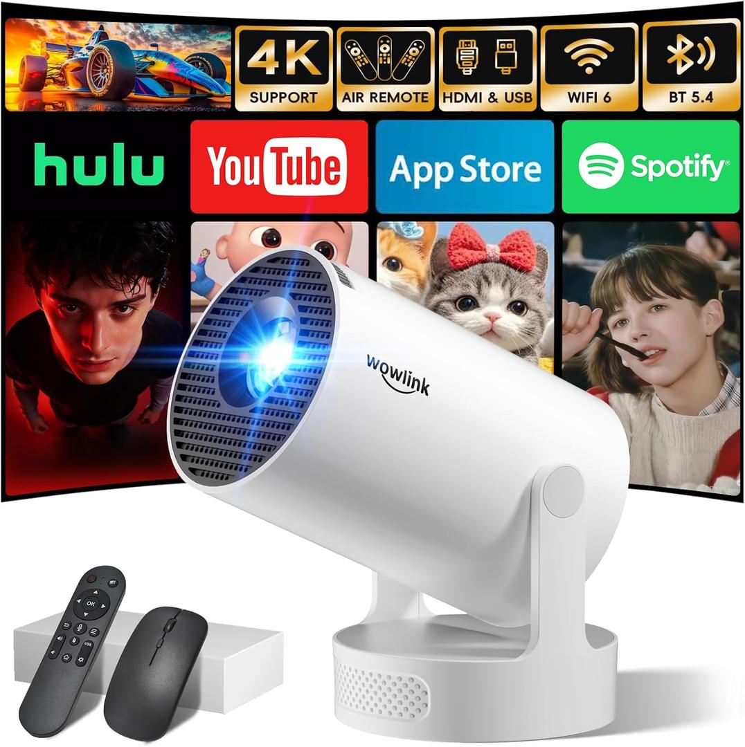 [Built-in Apps & 2026 Upgraded] Mini Projector with WiFi 6 and Bluetooth 5.4 Support 4K 1080P Auto Keystone 180 Rotatable Projector Portable Compatible with HDMI/TV Stick/Memory Stick/Laptop, White