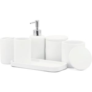 ZCCZ White Bathroom Accessories Set 6 Pieces - Toothbrush Holder, Lotion Dispenser, Qtip Container, Vanity Tray, Tumbler - Countertop Organizer for Bathrooms - Elegant and Functional Dcor Set